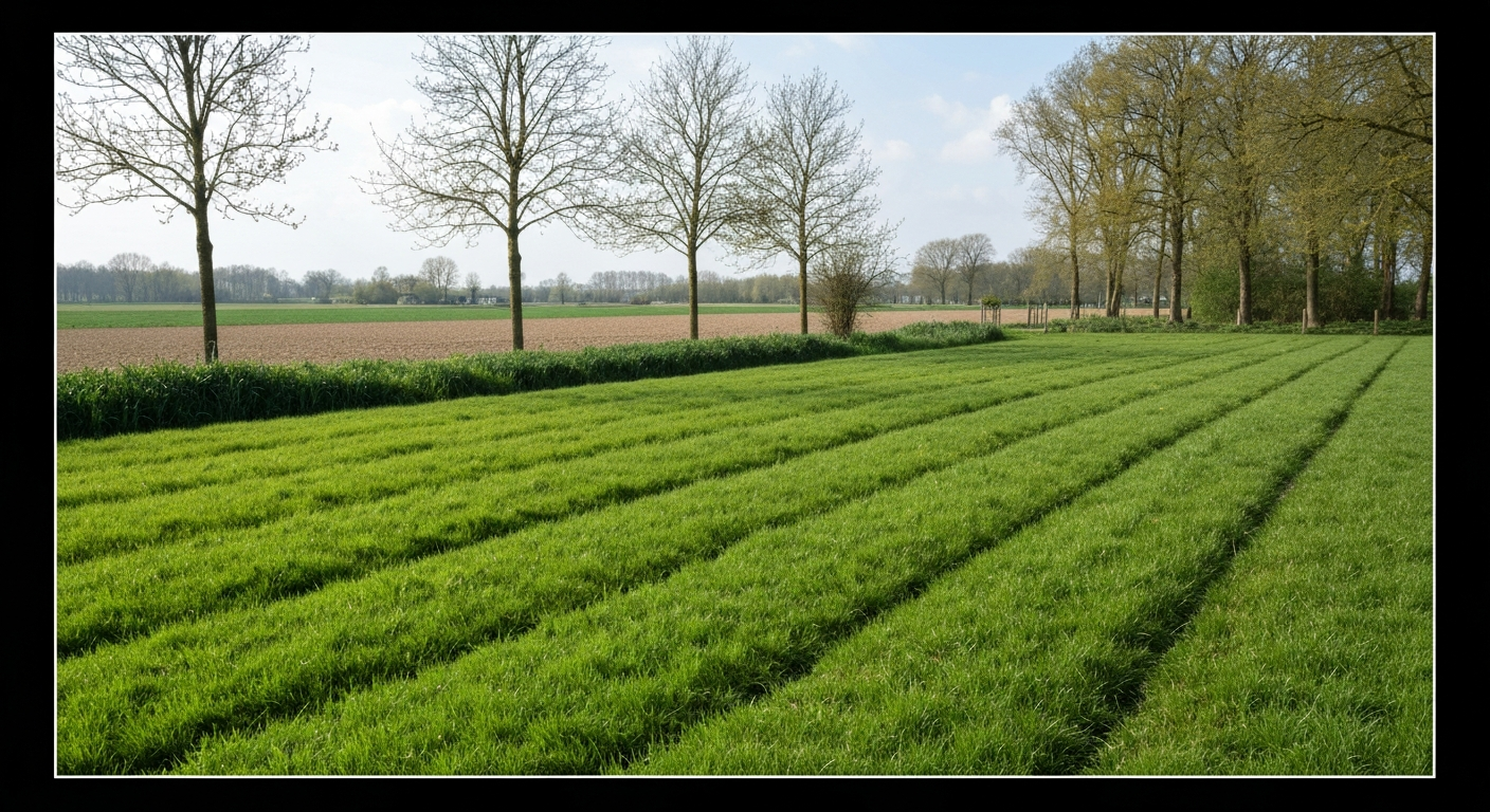 Lentegazon met dauw en zachte ochtendzon, Nederlandse achtertuin op de achtergrond