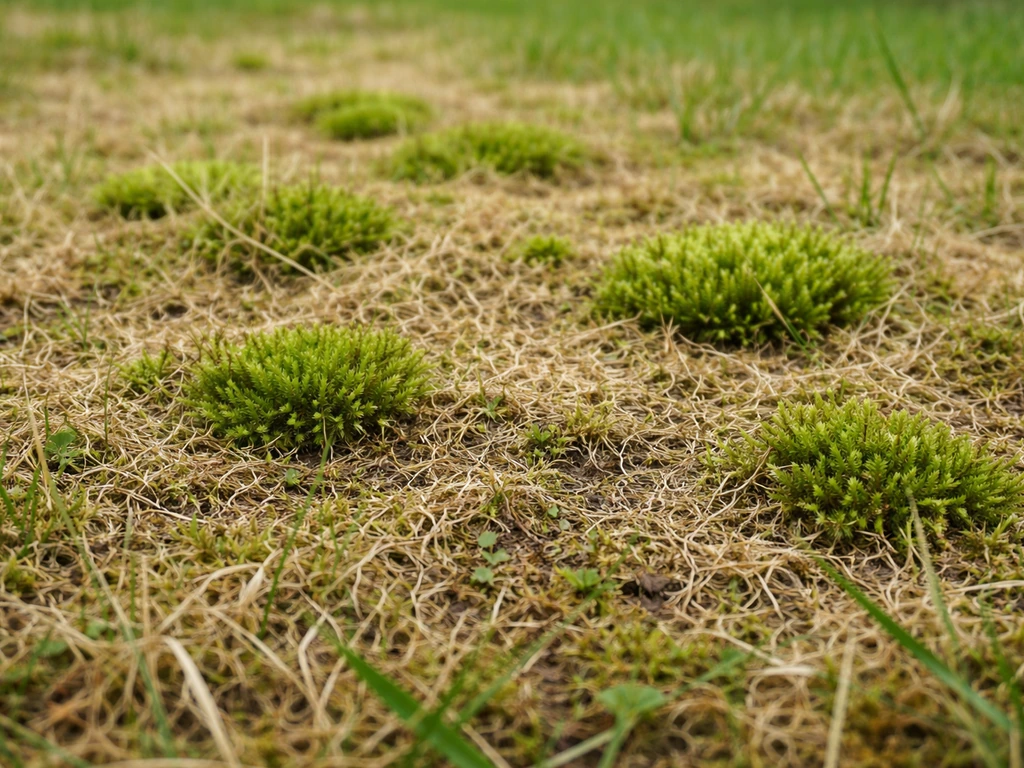 Close-up van mos en vilt op een gazon dat gras polletjes verstikt en platdrukt.