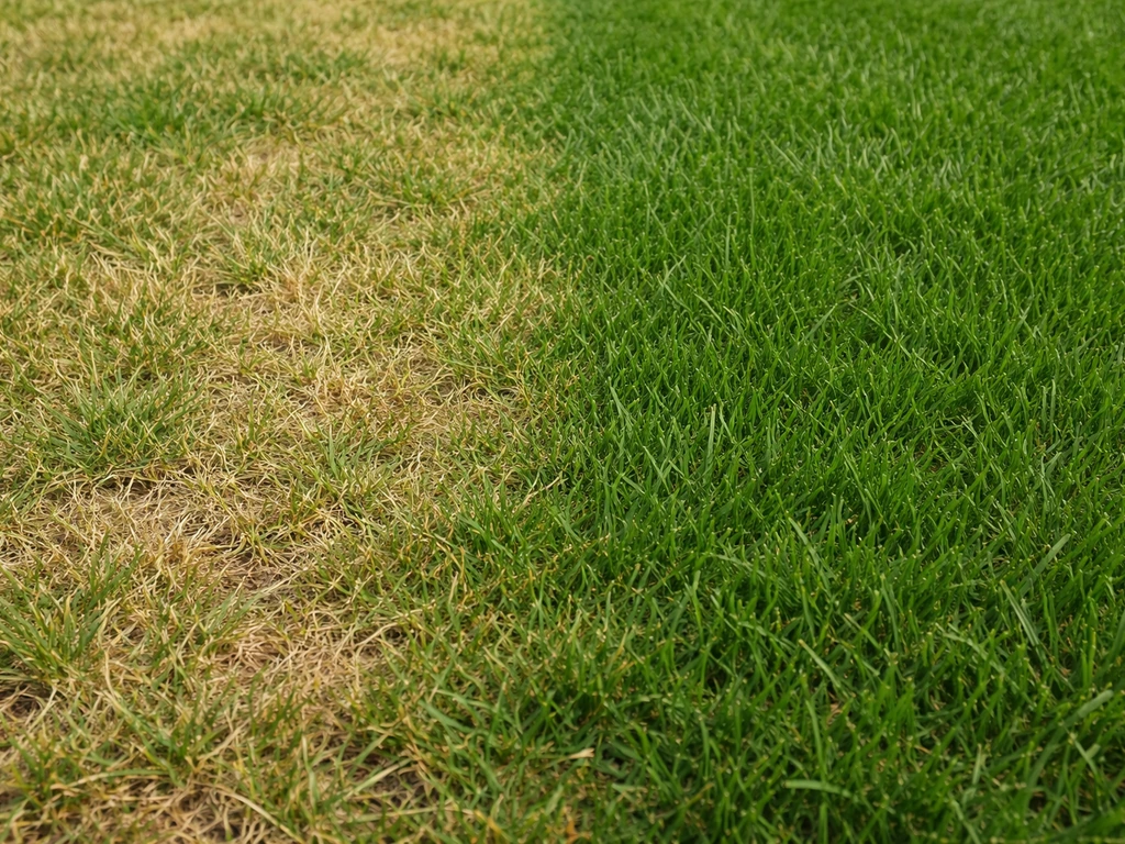 Gazonstuk met geel en lichtgroen gras door voedingstekort of verdroging, naast een duidelijk gezond groen stuk