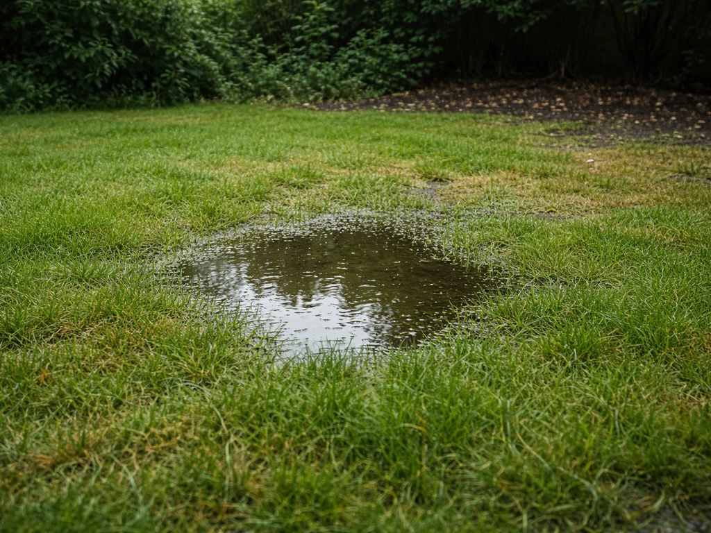 Plasvorming op een gazon na regen en een schaduwrijke plek met minder groeiend gras.