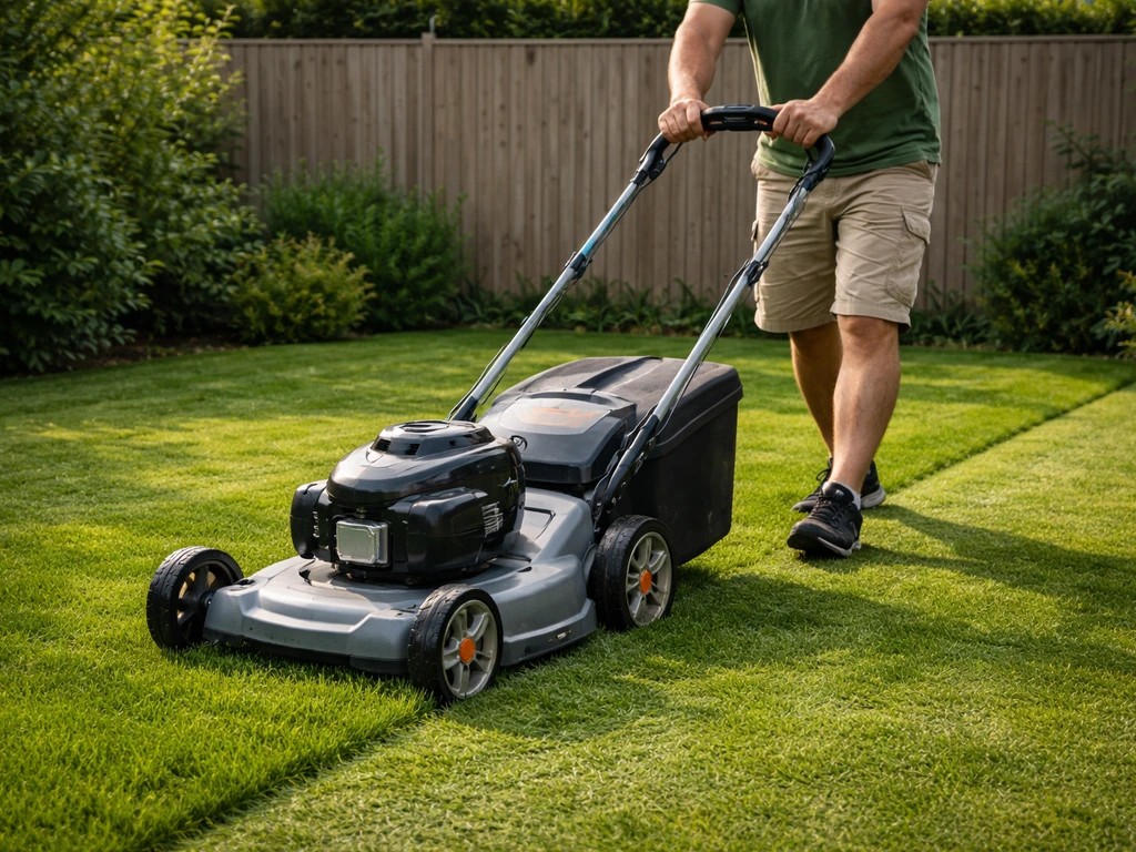 Anonieme tuinier maait het gazon in een Nederlandse tuin tot ongeveer 4–6 cm.
