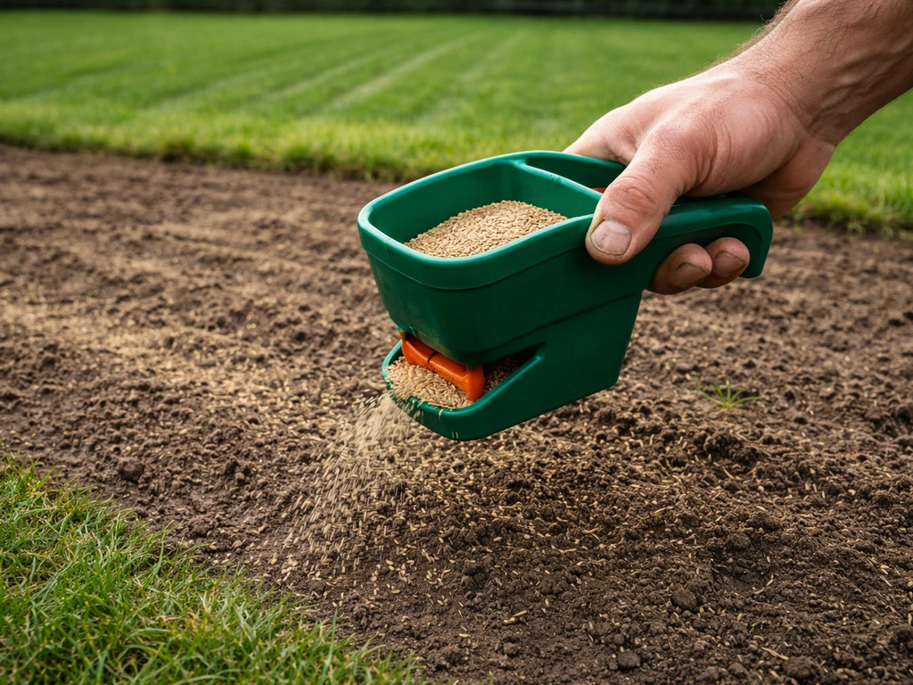 Hand die graszaad uitstrooit op kale plekken na het verticuteren, met een doorgezaaide strook zichtbaar.