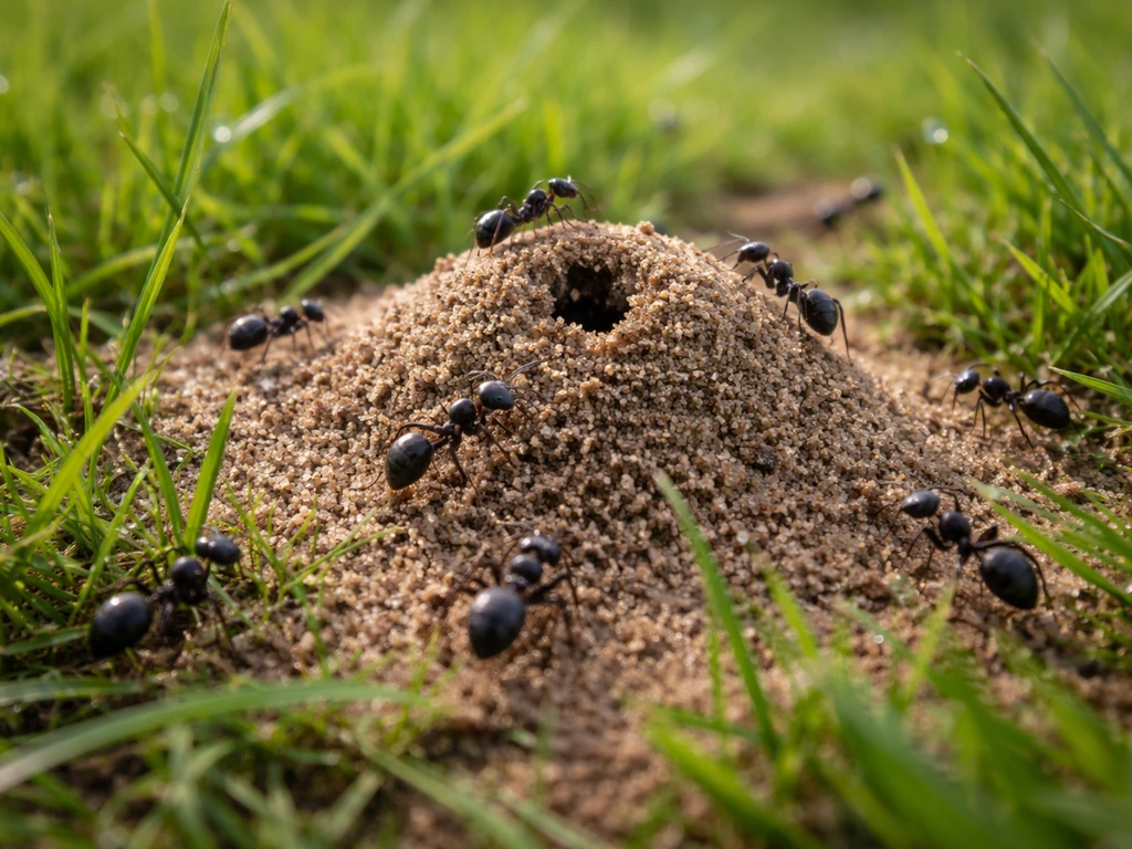 Close-up van mieren op het grasveld met kleine zandheuveltjes, met zwarte wegmier-nestgedrag als focus.