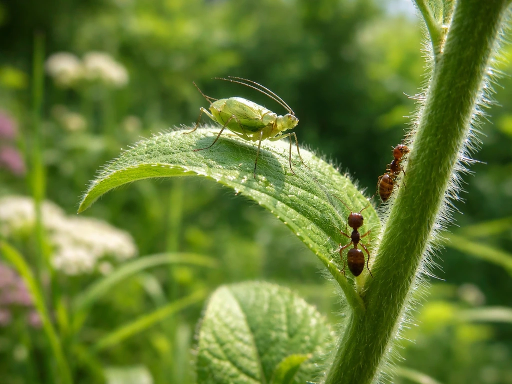 Close-up van bladluis op een plantblad met mieren die langs de stengel kruipen in een tuinrand.