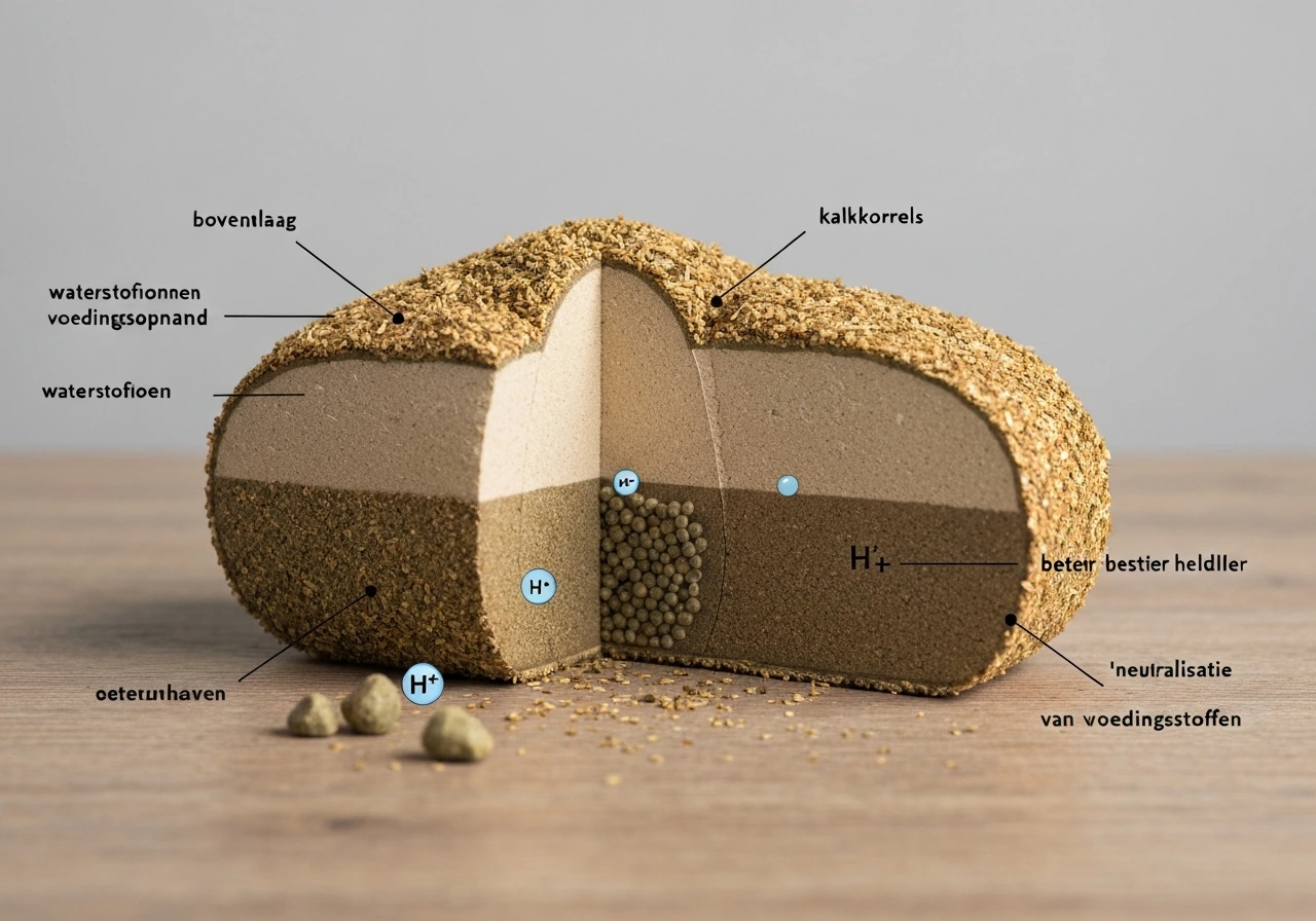 Simpel cross-section beeld van gazonbodem met kalkkorrels en wortels, met focus op zuurgraad en voedingsopname.