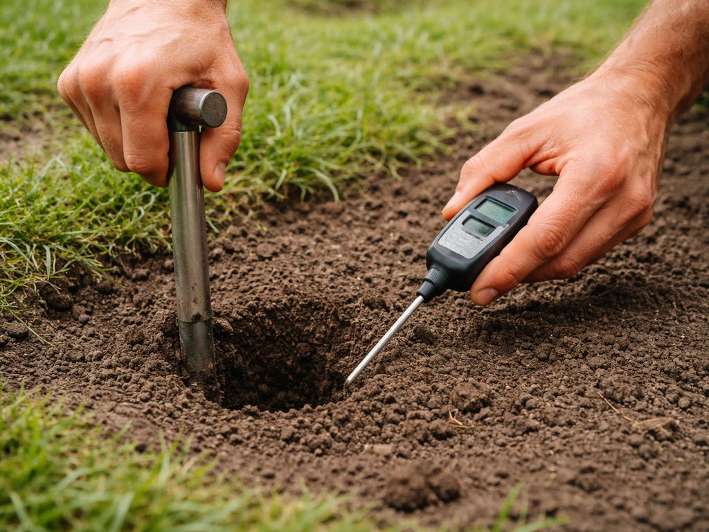 Tuinier steekt een bodemboor in de grond en houdt een pH-teststrip bij voor gazonbeoordeling.