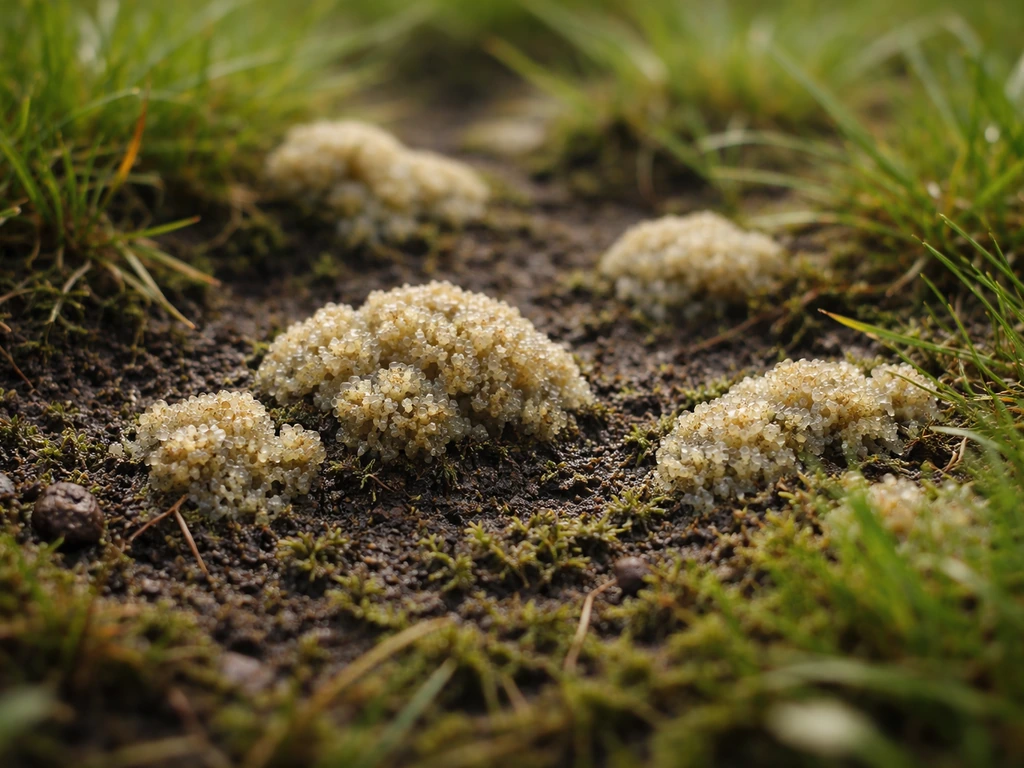 Close-up van slijmschimmel-slijmzwamclusters op gazonbodem, duidelijk te onderscheiden van groen gras.
