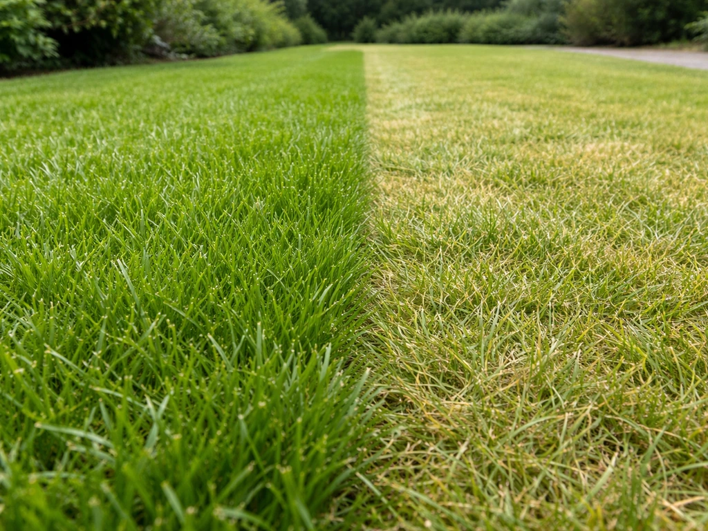 Gazon met twee stroken: goed gemaaid op 4–5 cm naast te kort gemaaid, zichtbare stress door nattigheid
