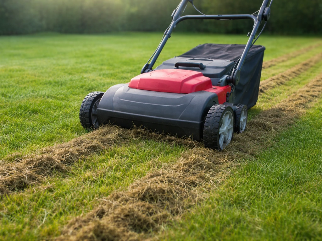 Verticuteermachine die door het gazon gaat, zichtbaar vilt en rensporen na de bewerking