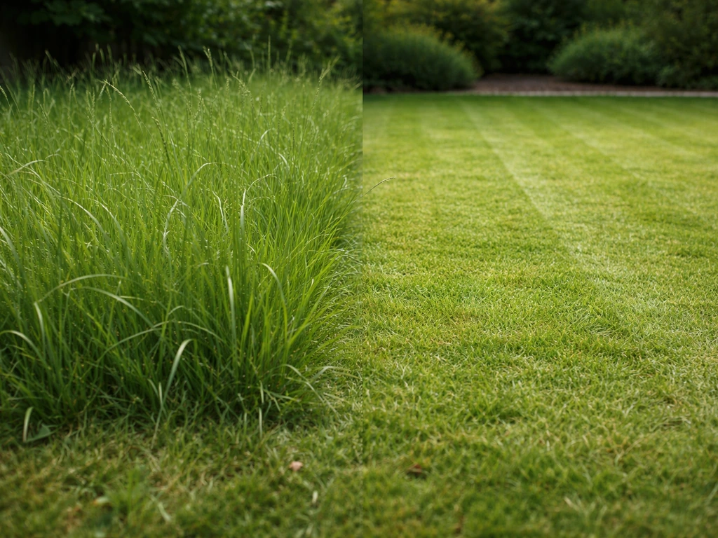 Natuurlijk gazon met duidelijk hoog gras, met zichtbare maaibeurt als verschil tussen lang en kort gras.