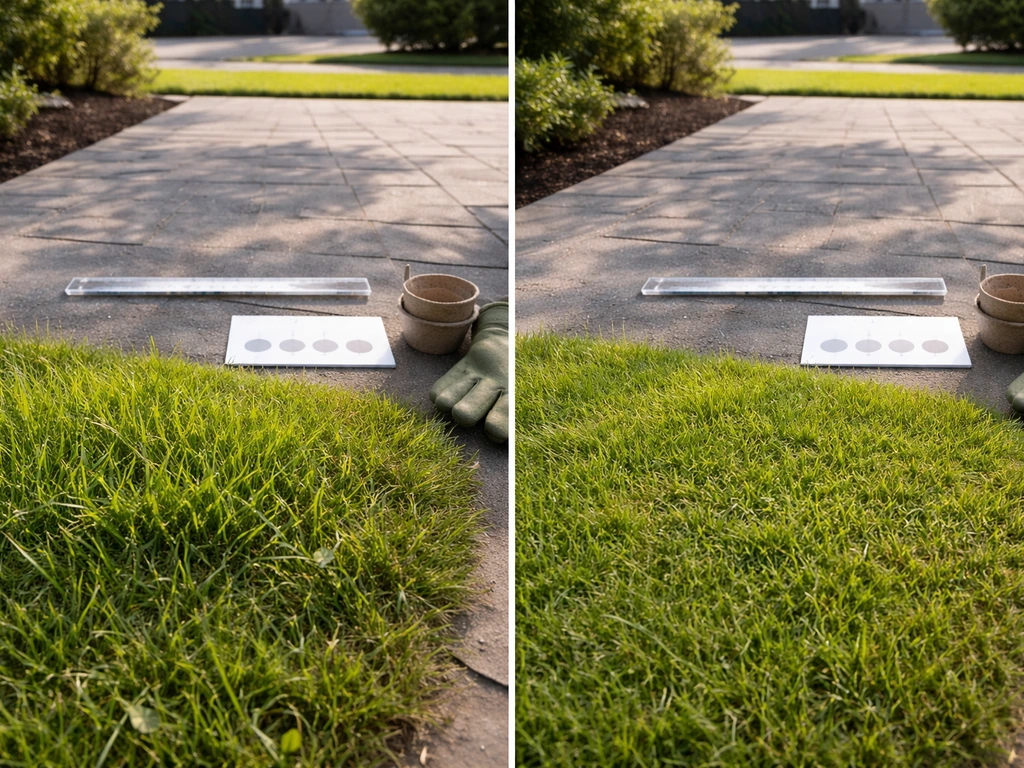 Links hoger gras en rechts korter, netjes gazon met tuininstrumenten op de grond, in natuurlijk daglicht.
