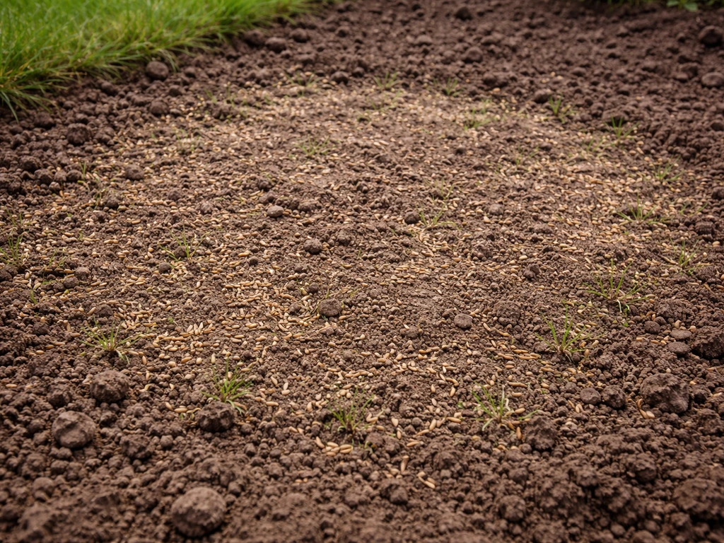 Close-up van losgemaakte kale plek in de tuin met ingezaaid graszaad en licht aangedrukte grond.