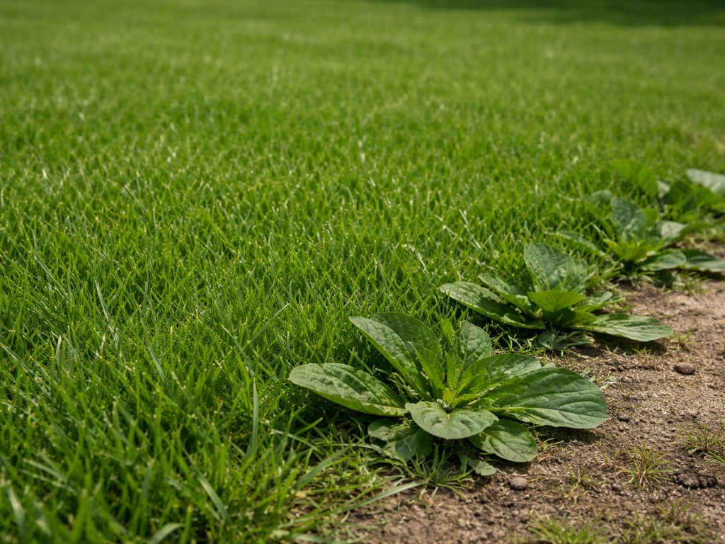 Gelijkmatig, net gemaaid gazon met dichte grassprieten en een kleine weegbree-rozet die minder ruimte krijgt.