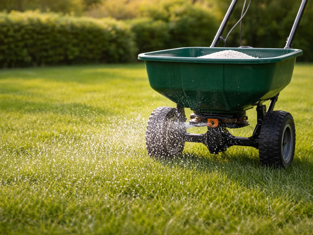 Nederlands gazon terwijl een kalkstrooier kalk gelijkmatig over het gras uitstrooit