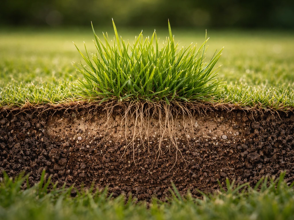 Detail van groen gras met opengewerkte bodemlagen, die een gezonde pH en herstelde nutriëntenopname suggereren.