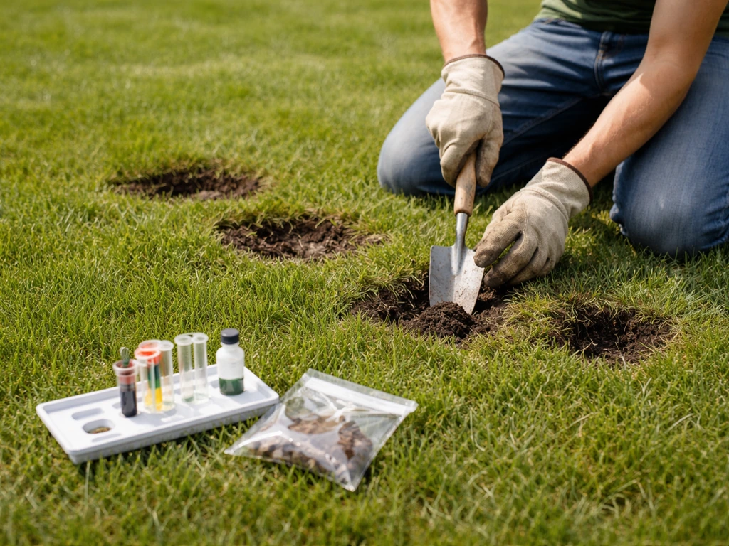 Tuinier in NL haalt grondmonster uit gazon en legt pH-testkit klaar op een kleine plank
