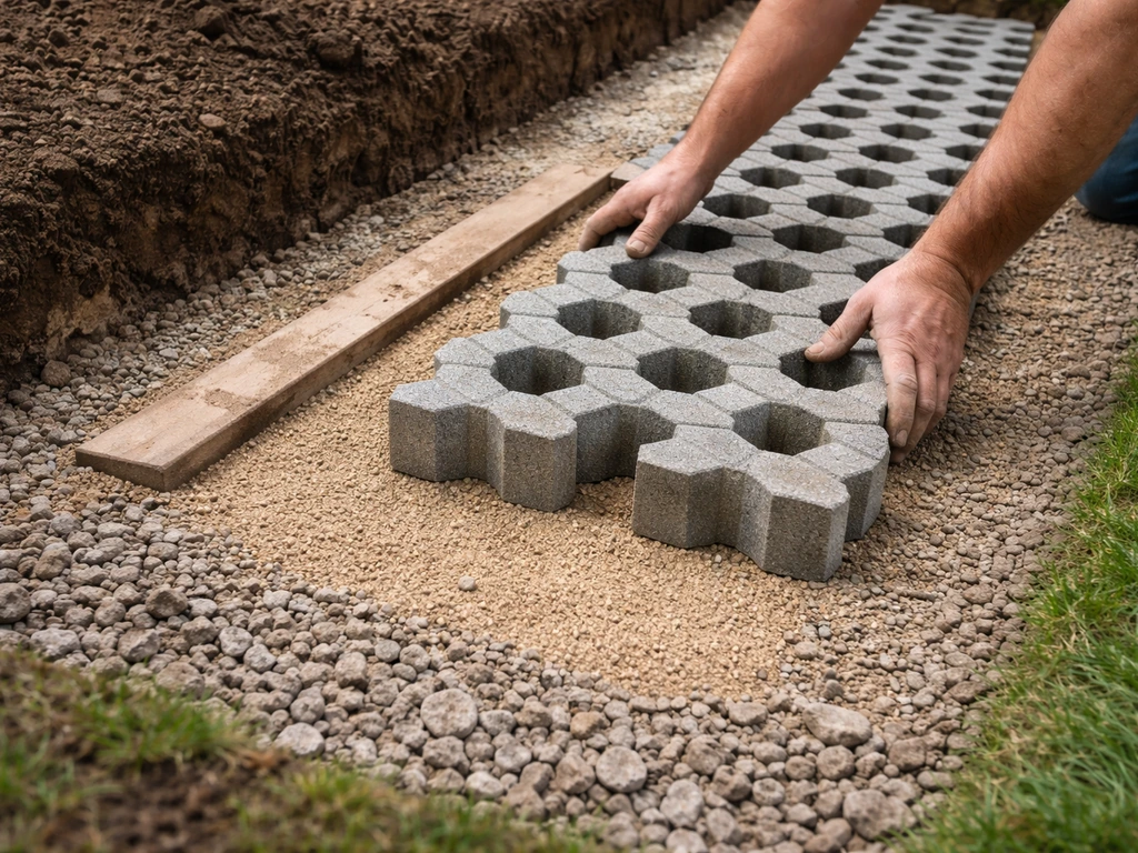 Detail van fundering en zandlaag onder grasbetontegels, met tegels in aanleg in een tuinstrook.