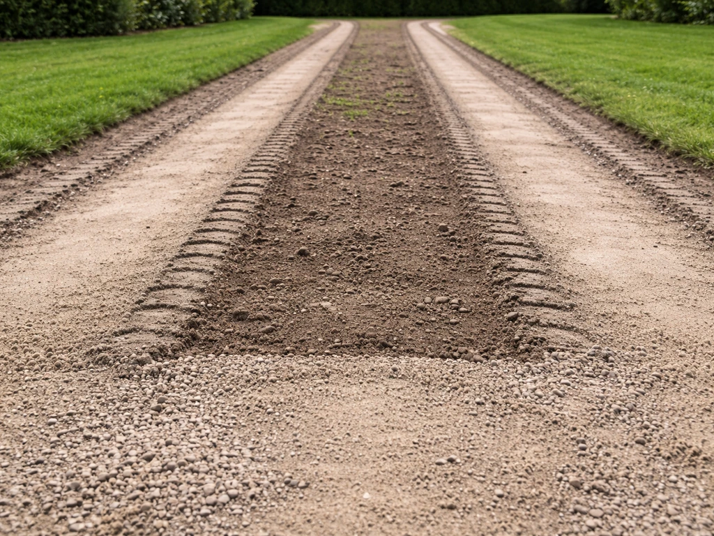 Close-up van gemarkeerde bandensporen op een grasoprit met geëgaliseerd ondergrondmateriaal en duidelijke focus op slijt