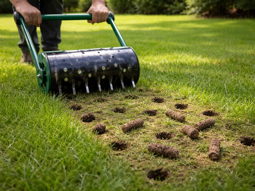 Beluchte plekken in het gazon met zichtbare grondkernen, terwijl een prikken trekker het gras in gaat.