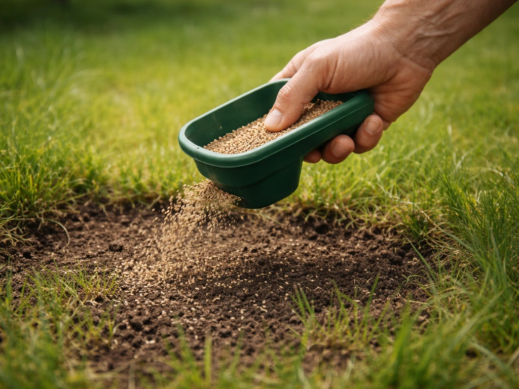 Hand strooit graszaad over een kale plek in het gazon, met jonge scheuten in opbouw