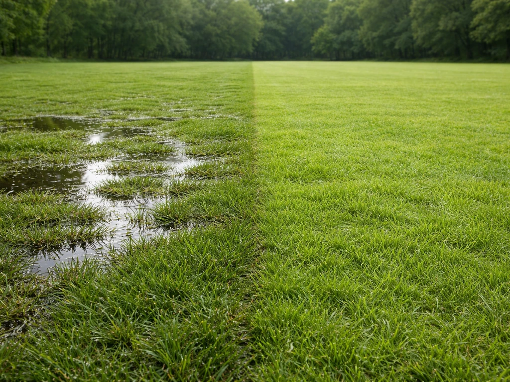 Twee delen van een gazon: water blijft staan in één hoek, terwijl het andere deel snel opdroogt.