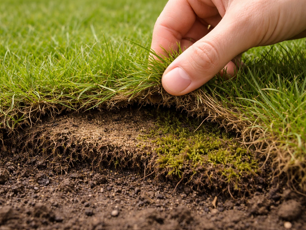 Hand trekt voorzichtig een pluk gras op: viltlaag en mos zichtbaar op de grond