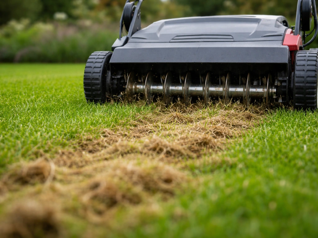 Verticuteermachine op het gazon met zichtbaar losgekomen vilt/materiaal achter de snedes.
