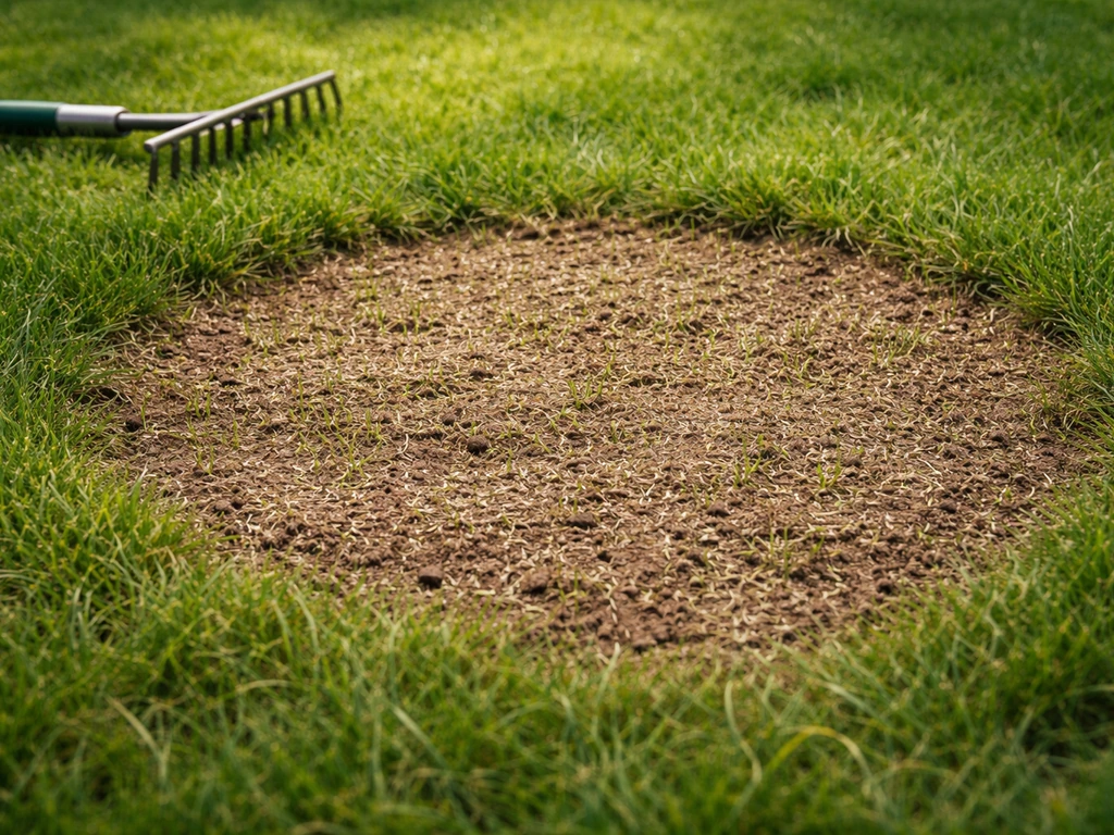 Close-up van een doorgezaaide kale plek in het gazon met vers opkomende grassprieten en licht afgeharkte toplaag.