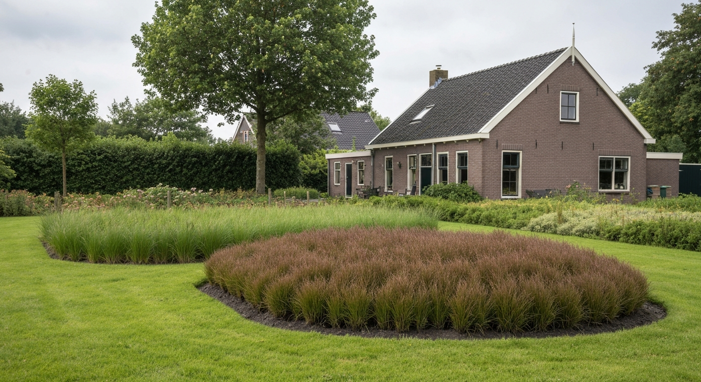 Compacte hoop bijeengepakt gedroogd gras op een Nederlands gazon met bakstenen huis op de achtergrond