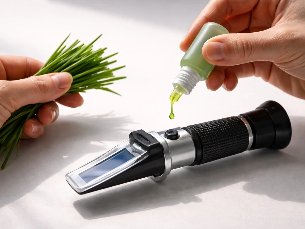 Anonieme handen die grassap op het meetprisma van een refractometer druppelen na het plukken van grassprietjes.