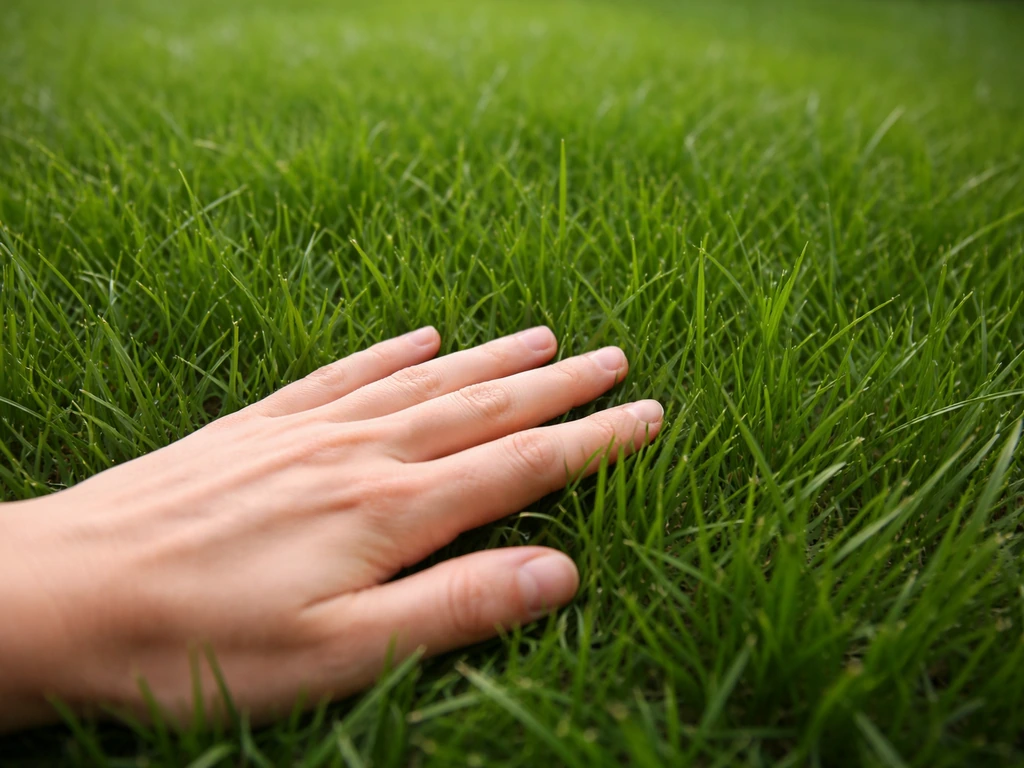 Close-up van donkergroen gazon en een hand die door het gras strijkt als indicatie voor gezondheid.