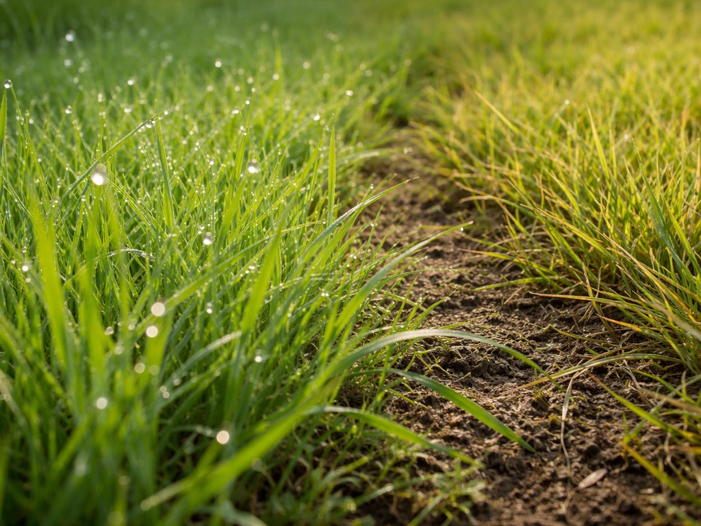 Ochtenddauw op gras en later overdag verdroogd gras, zichtbaar verschil in conditie