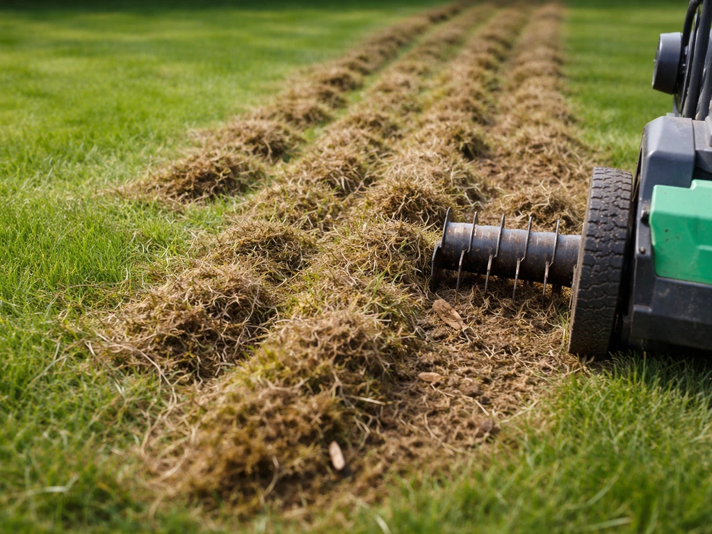 Close-up van verticuteren: viltlaag wordt losgemaakt en gazonresten liggen zichtbaar op het gras.