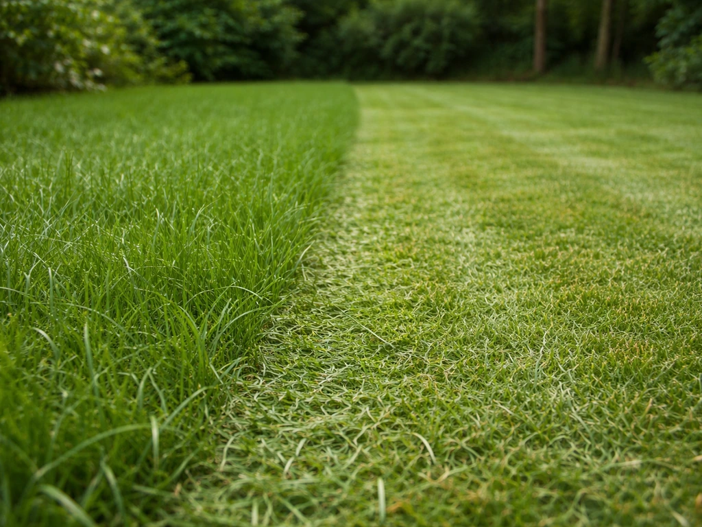 Gelijkmatig kort gemaaid gazon naast iets hoger gras, dat vaker maaien illustreert.