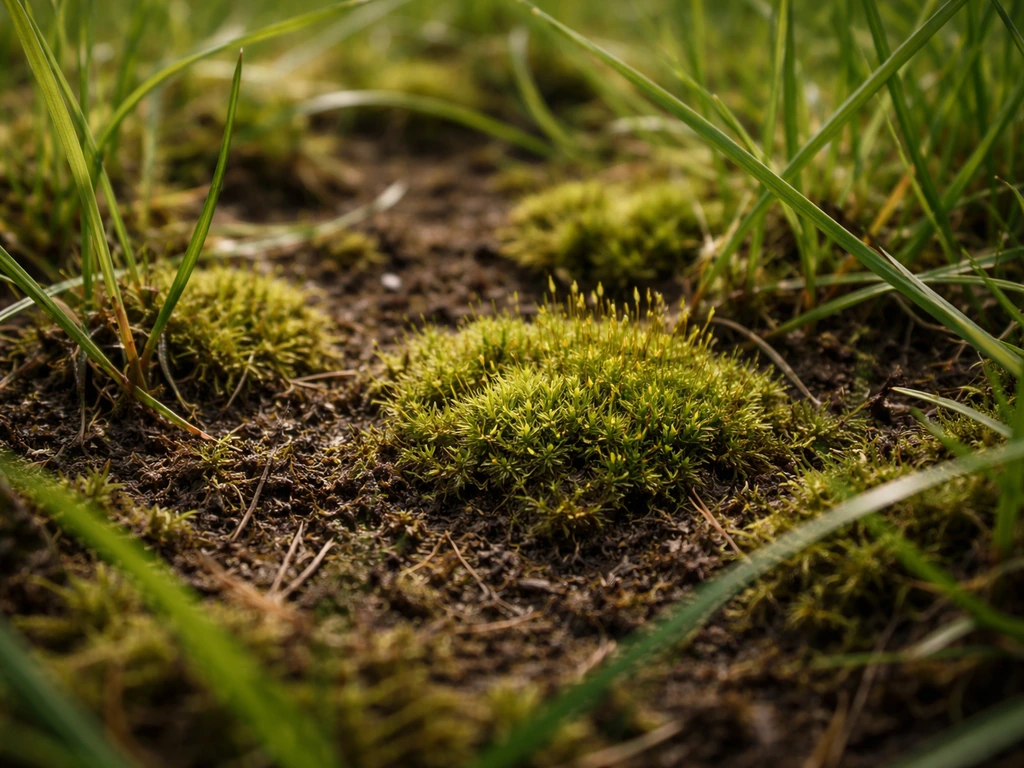 Close-up van mos tussen grassprieten op een viltige, vochtige bodem in een tuin.