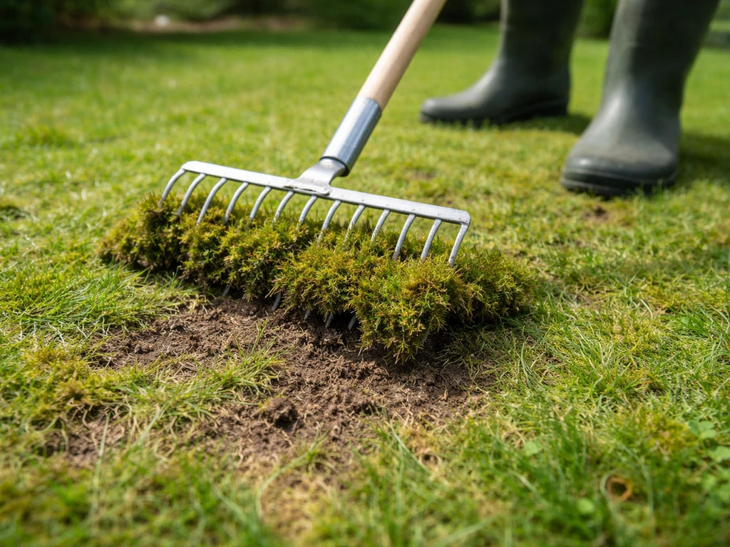 Ijzeren hark die mos los trekt uit een grasmat, met open plekken voor hergroei in de tuin