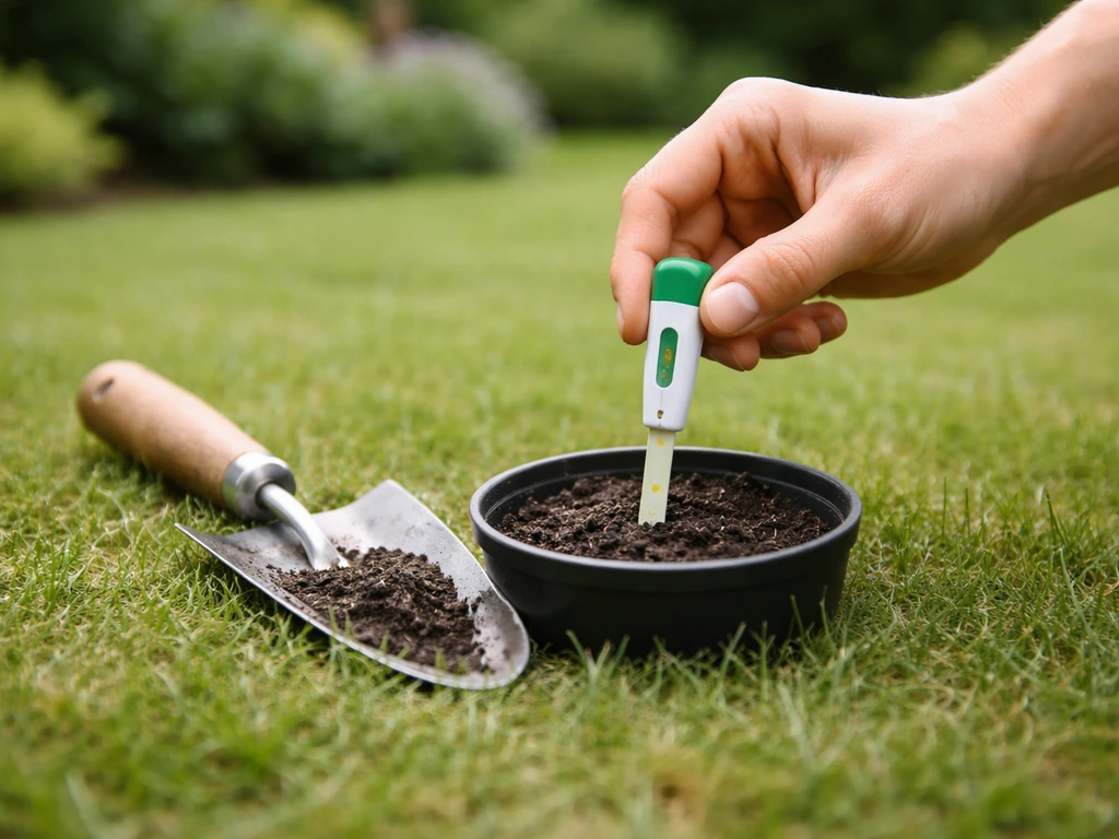 Iemand meet de pH van een gazon met een pH-meter en bodemtestset, met bodem/grond op de voorgrond