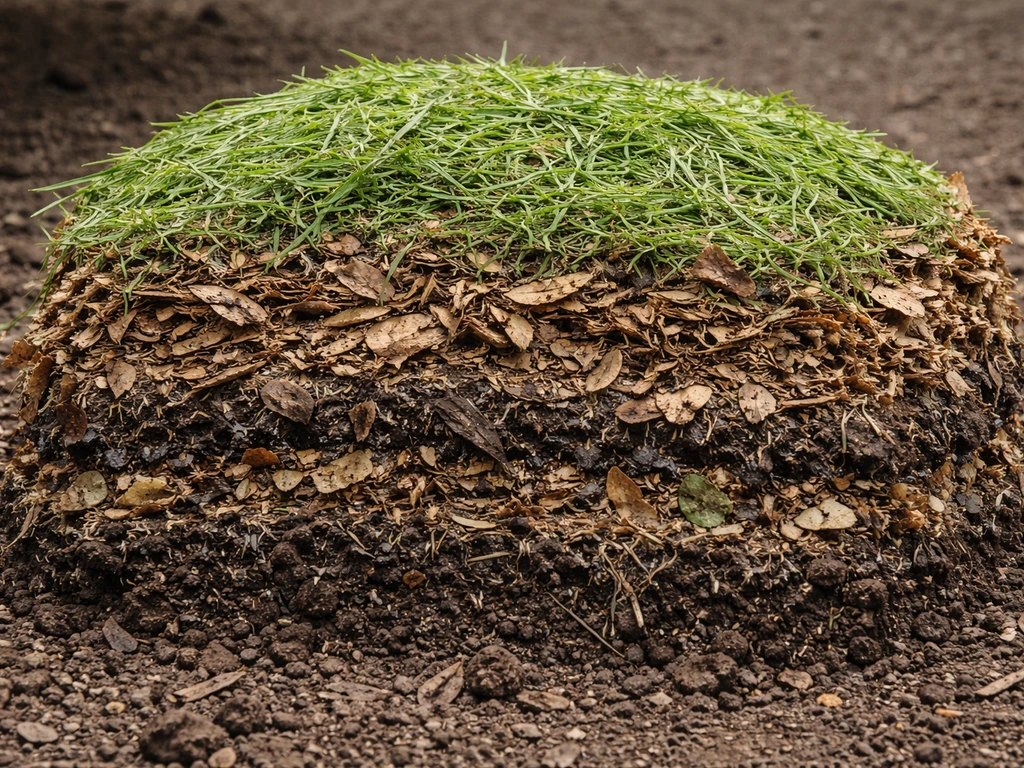 Close-up van een compoststapel met zichtbare lagen vers gemaaid gras en bruin herfstblad/houtsnippers.