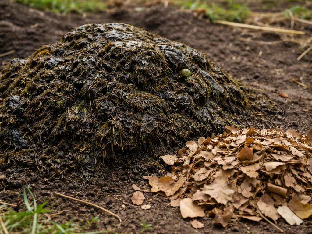 Natte, stinkende grascompost met donker/slijmerige laag en ernaast los bruin materiaal om om te zetten