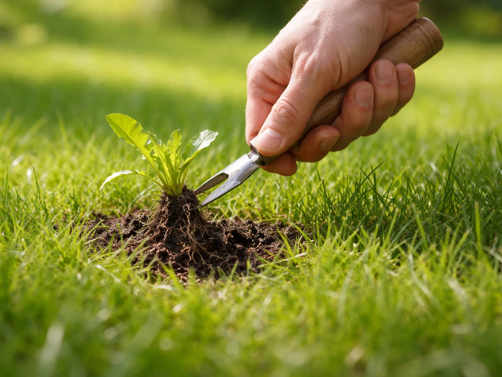 Hand die voorzichtig wortelonkruid uitsteekt tussen jong gras zonder de graszode te beschadigen.