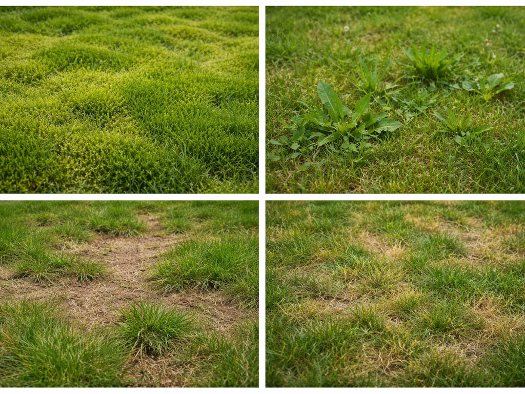 Vier fotohoeken naast elkaar: mos, onkruid, kale plekken en grasziekte op een gazon, met duidelijke textuurverschillen.