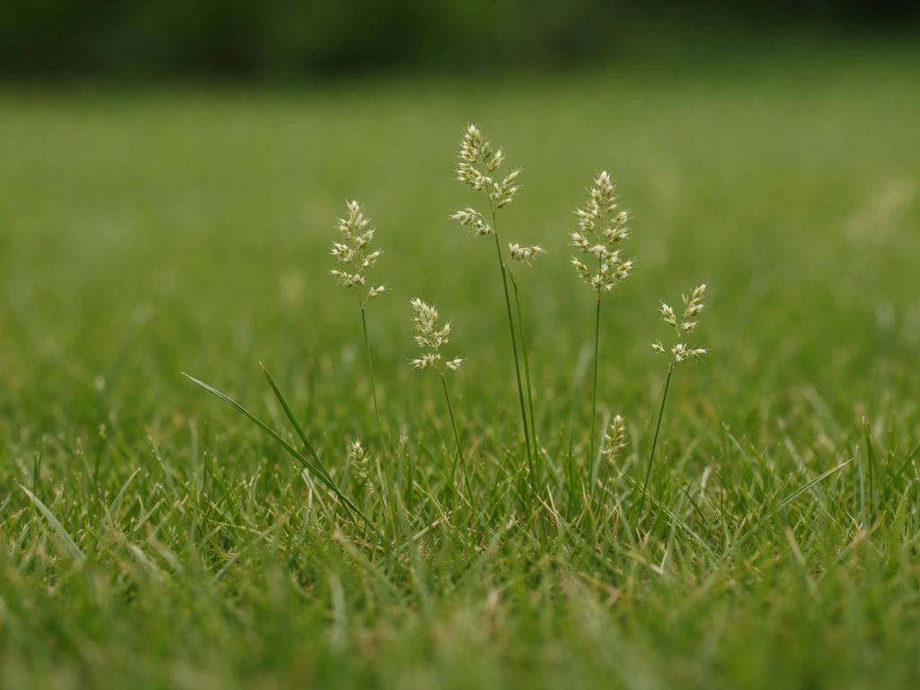 Close-up van graspluimen in een Nederlands gazon tussen kort gras, zonder andere afleiding.