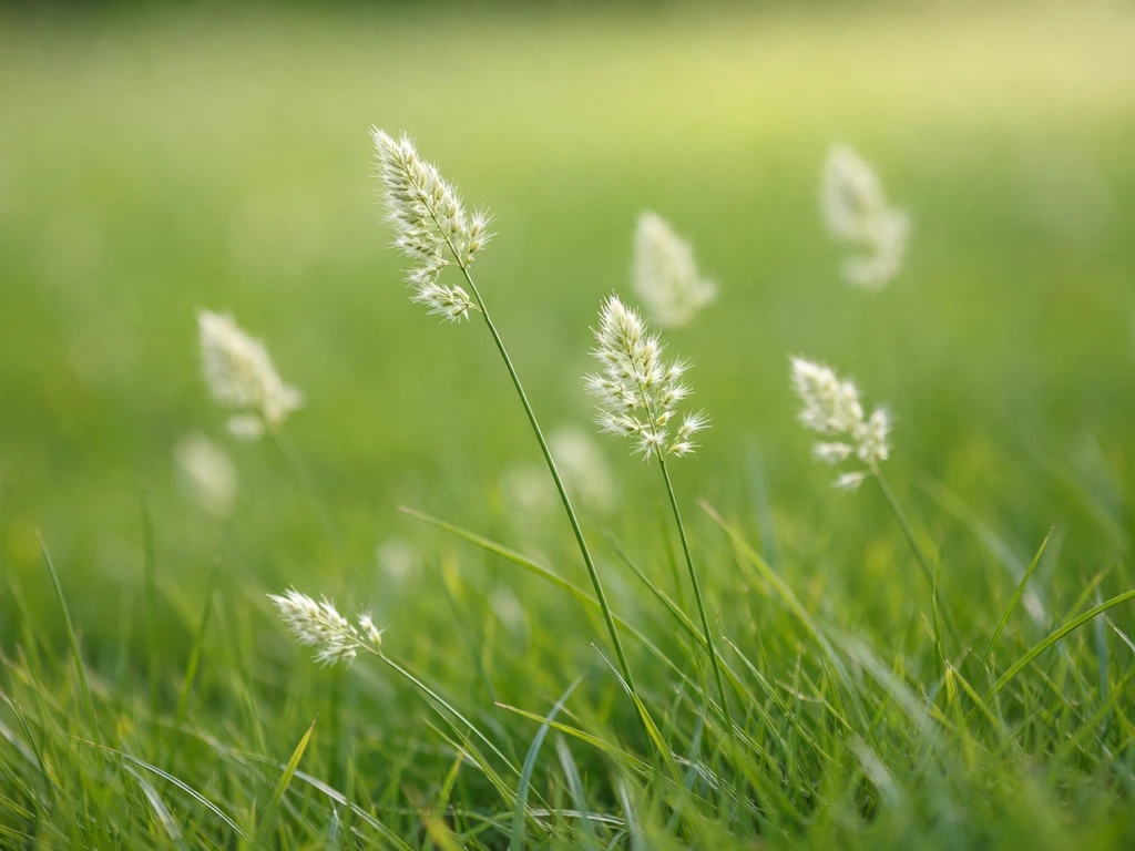 Close-up van kleine witte en lichtgroene graspluimpjes op dunne stengels in het gazon.