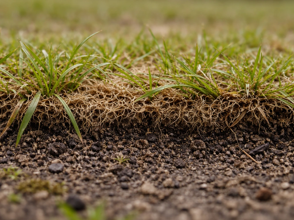 Close-up van een gazon met een sponsachtige viltlaag tussen gras en donkere aarde
