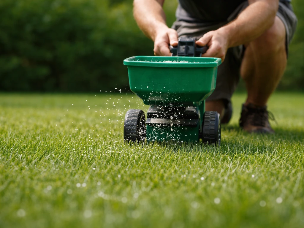 Handen strooien korrels gazonmest op vers gemaaid gras, moment vlak boven de grond.