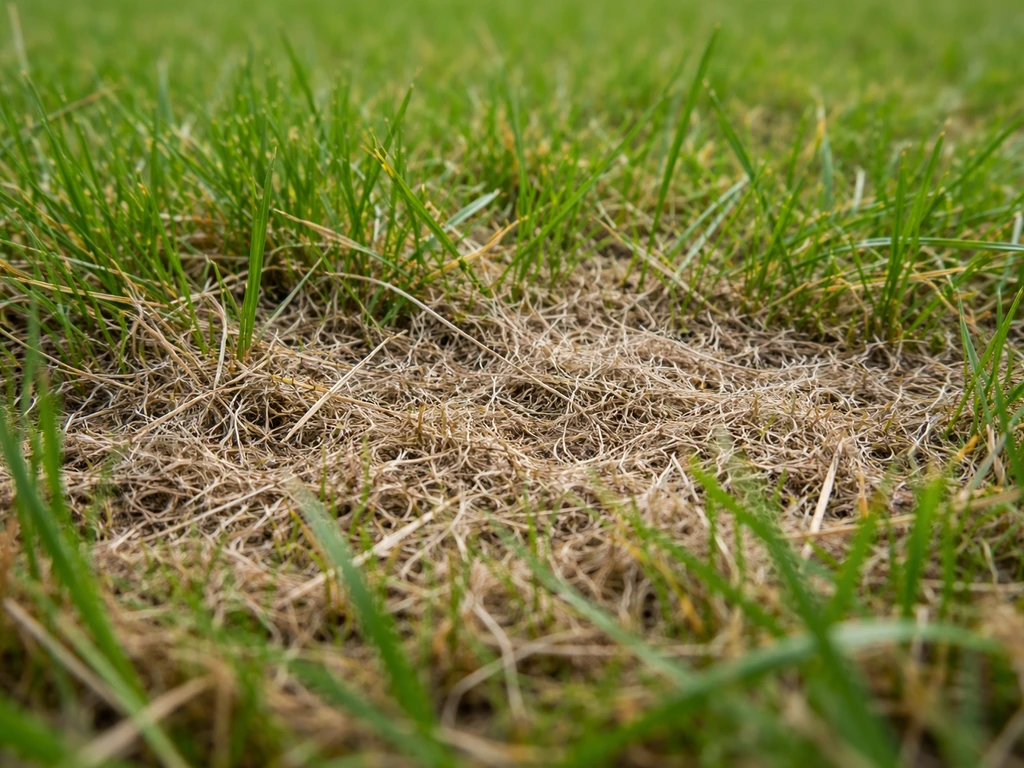 Close-up van een gazon met een viltige villaag (thatch) en verkleurd, structuurvol gras