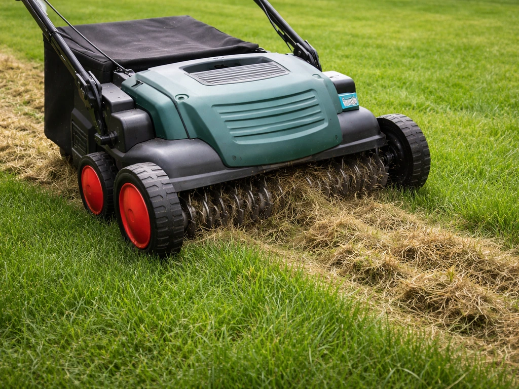Verticuteermachine maakt sneden in het gazon, met zichtbare opgehaalde grasresten achter de machine.