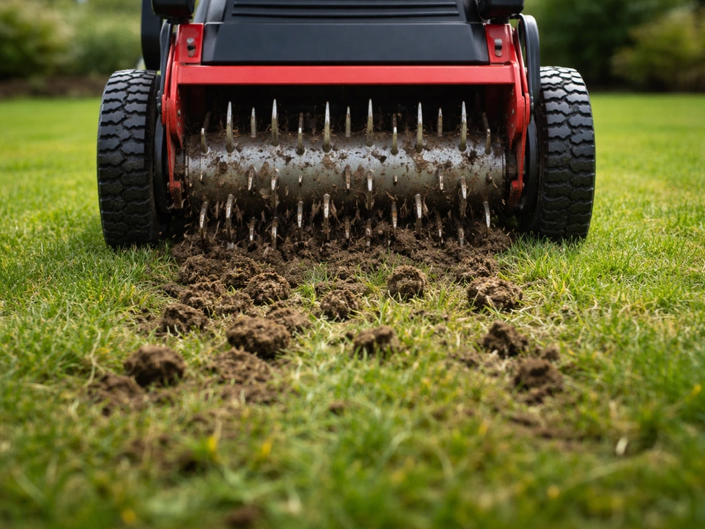 Beluchtingsmachine prikt in licht vochtige gazonbodem, gras wordt licht opengewerkt, geen mensen zichtbaar.