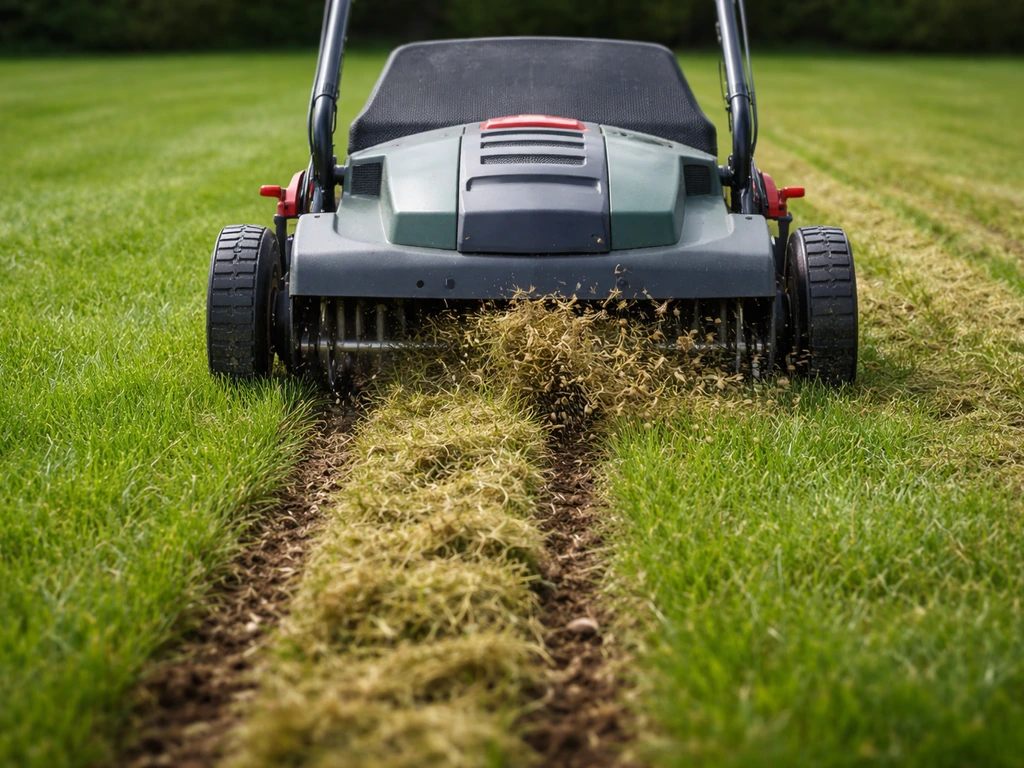 Verticuteermachine die viltlaag weghaalt, met doorgesneden grasmat in een gazon