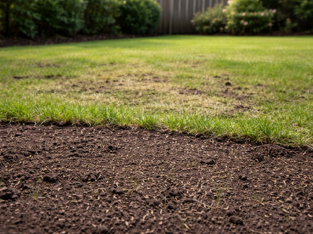 Tuin met kale plekken en ingezaaide graszaadkorrels die net zijn ingewerkt en licht aangedrukt.